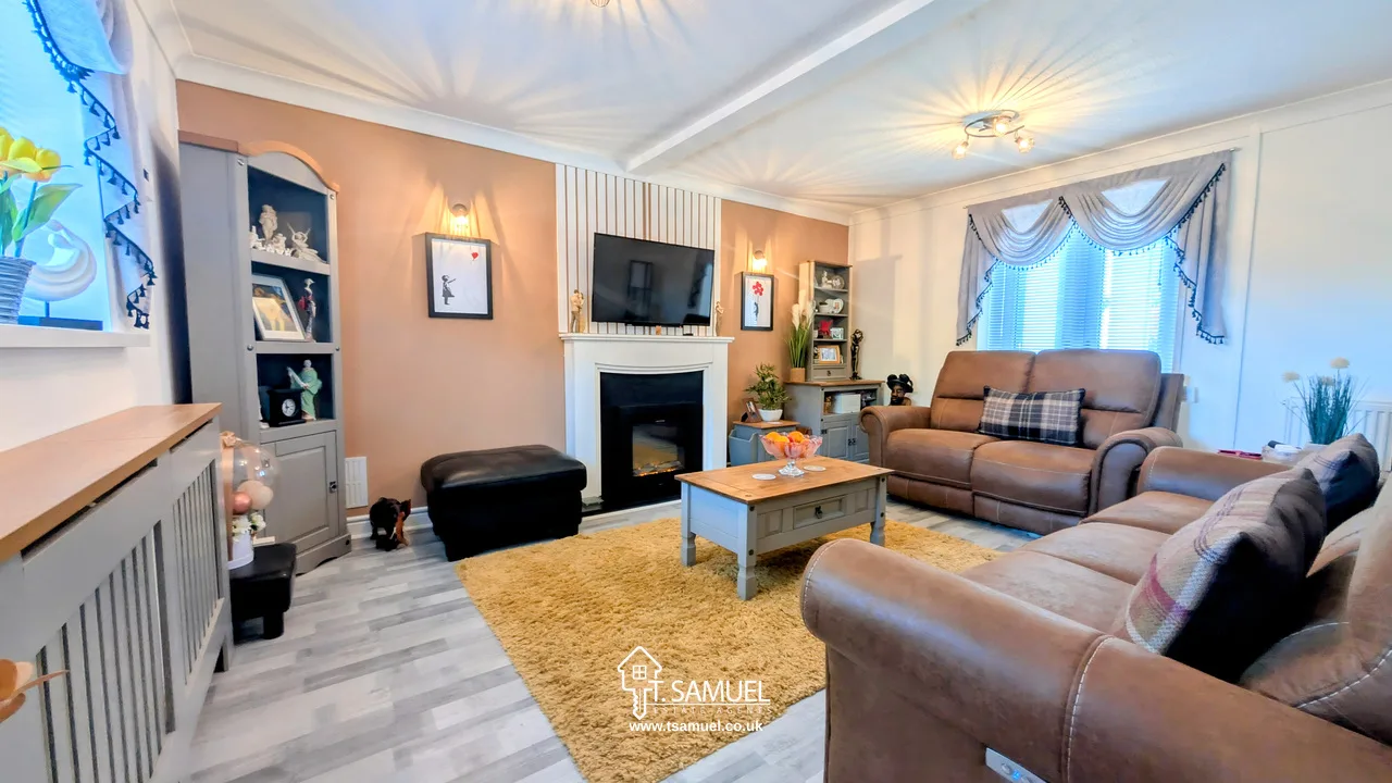 Well-lit living room with brown leather sofas, a coffee table, a fireplace beneath a wall-mounted TV, bookshelves, and window with drapes. Neutral and pastel colors dominate the decor.