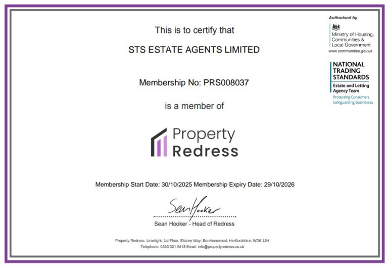 Certificate showing STS Estate Agents Limited as a member of Property Redress, valid from 30/10/2025 to 29/10/2026, signed by Sean Hooker, Head of Redress.