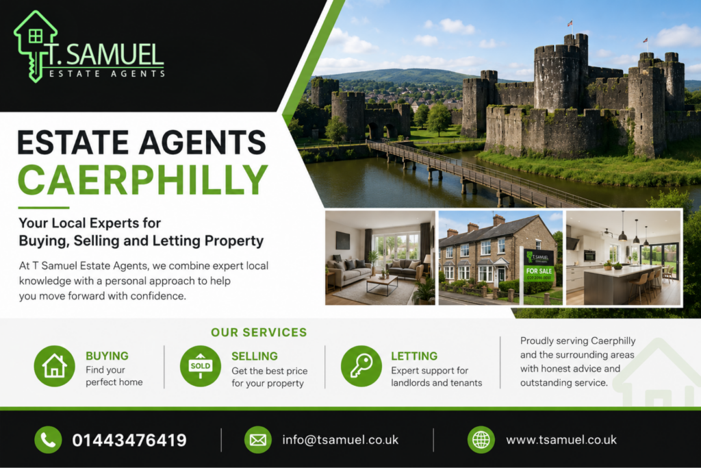 An estate agent advertisement for T. Samuel Estate Agents in Caerphilly, featuring property images, contact details, and a list of buying, selling, and letting services.